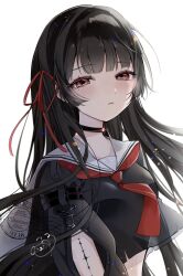 1girl arm_cutout black_hair black_shirt chisa_(wuthering_waves) closed_mouth commentary_request hair_ribbon highres long_hair long_sleeves looking_at_viewer mole mole_under_eye neckerchief red_eyes red_neckerchief red_ribbon ribbon sailor_collar shirt simple_background solo suyosuyo tacet_mark_(wuthering_waves) very_long_hair white_background white_sailor_collar wuthering_waves