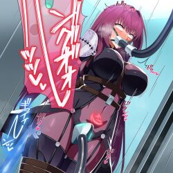 1girl amibanottoki armor arms_behind_back between_breasts blush bodysuit bound bound_arms bound_legs breasts commentary_request covered_navel fate/grand_order fate_(series) gagged highres in_container large_breasts long_hair pauldrons purple_bodysuit purple_hair red_eyes restrained scathach_(fate) shoulder_armor strap_between_breasts sweat tube