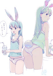 Rule 34 | 1girl, animal ears, arm support, artist logo, ass, blush, bow, bow panties, camisole, check translation, cowboy shot, cup, dated, disposable cup, dot nose, double-parted bangs, drinking straw, fake animal ears, fake tail, flat chest, green camisole, green hair, grey eyes, highres, kokudou juunigou, logo, long hair, looking ahead, looking to the side, multiple views, original, panties, parted lips, rabbit ears, rabbit tail, solo, speech bubble, strap, tail, thighhighs, translation request, underwear, white thighhighs