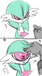 1girl 2koma absurdres arrow_(symbol) closed_mouth colored_skin comic creatures_(company) cyclops disembodied_hand female_focus flat_chest game_freak gardevoir gen_3_pokemon green_hair green_skin hair_lift highres japanese_text looking_at_another monster_girl multicolored_skin multiple_views nintendo one-eyed open_mouth pero_(sabuaka_bacon) pokemon pokemon_(creature) red_eyes short_hair simple_background translation_request two-tone_skin upper_body what white_background white_skin