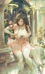 Rule 34 | 1girl, ass, bare shoulders, black hair, blue eyes, bottle, breasts, cutesexyrobutts, detached sleeves, garter straps, hair brush, highleg, highleg panties, highres, large breasts, long hair, looking down, meme attire, mirror, navel, original, panties, patreon username, perfume bottle, reflection, sitting, sleeves past wrists, solo, thick thighs, thighhighs, thighs, thong, underwear, virgin killer outfit, white thighhighs, witch