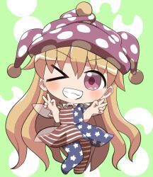 &gt;_o 1girl ;d american_flag_dress american_flag_legwear asymmetrical_legwear blonde_hair blue_dress blue_pantyhose blush chibi chibi_only clownpiece commentary_request double_v dress fairy_wings full_body green_background grin hands_up hat highres jester_cap long_hair looking_at_viewer mismatched_legwear neck_ruff no_shoes one_eye_closed open_mouth pantyhose pink_eyes polka_dot_headwear print_dress print_pantyhose purple_hat red_dress red_pantyhose rokugou_daisuke short_sleeves signature smile solo standing star_(symbol) star_print striped_clothes striped_dress striped_pantyhose touhou two-tone_dress v very_long_hair wings