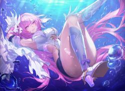 Rule 34 | 1girl, absurdres, armpits, bad id, bad pixiv id, black shorts, boots, breasts, bubble, commentary, corset, diamond-shaped pupils, diamond (shape), elysia (herrscher of human: ego) (honkai impact), elysia (honkai impact), et0, gloves, high heel boots, high heels, highres, honkai (series), honkai impact 3rd, knee boots, large breasts, long hair, looking at viewer, pink hair, purple eyes, short shorts, shorts, smile, solo, symbol-shaped pupils, thighs, underwater, veil, very long hair, white boots, white corset, white gloves, white veil