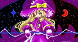 1girl abstract_background artist_name blonde_hair blush bow closed_eyes commentary crescent dress english_commentary gloves hair_over_one_eye hat hat_bow kirisame_marisa kirisame_marisa_(pc-98) long_hair looking_at_viewer marina_killer_red pink_dress pink_hat signature smile solo sparkle star_(symbol) touhou touhou_(pc-98) turtleneck turtleneck_dress tuxpaint_(medium) white_gloves witch witch_hat yellow_bow yellow_eyes