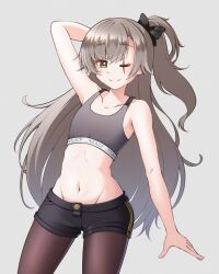 Rule 34 | 1girl, arm up, black bow, black pantyhose, black shorts, blush, bow, brown hair, cowboy shot, flat chest, girls&#039; frontline, grey background, grey sports bra, groin, hair bow, highres, jiwon (sj1), looking at viewer, navel, one eye closed, one side up, pantyhose, pantyhose under shorts, scar, scar across eye, scar on face, shorts, simple background, smile, solo, split mouth, sports bra, ump45 (girls&#039; frontline), yellow eyes
