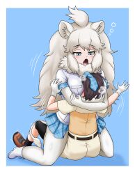 1boy 1girl :o adansosutega between_breasts breast_smother breasts captain_(kemono_friends) embarrassed face_to_breasts head_between_breasts highres open_mouth sweat trembling white_lion_(kemono_friends)