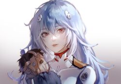 1girl alternate_hair_length alternate_hairstyle ayanami_rei blue_hair bodysuit character_doll doll elicooc evangelion:_3.0+1.0_thrice_upon_a_time eyelashes gradient_background grey_background hair_between_eyes highres holding holding_doll ikari_shinji interface_headset_(evangelion) long_hair looking_at_viewer mecha_pilot_suit neon_genesis_evangelion parted_lips plugsuit_(evangelion) portrait rebuild_of_evangelion red_eyes solo white_bodysuit