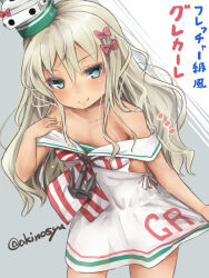 1girl akino_shuu blonde_hair blue_eyes bow breasts closed_mouth commentary_request dress grecale_(kancolle) hair_bow kantai_collection long_hair looking_at_viewer multiple_hair_bows notice_lines off_shoulder red_bow sailor_dress small_breasts smile solo tan translation_request wavy_hair white_dress