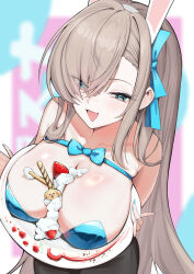 1girl aqua_eyes aqua_leotard asuna_(blue_archive) asuna_(bunny)_(blue_archive) bare_shoulders between_breasts black_pantyhose blue_archive breasts breasts_on_tray brown_hair cleavage cream food from_above fruit hair_over_one_eye highres holding holding_tray large_breasts leotard long_hair mole mole_on_breast open_mouth pantyhose seoly_ouo solo standing strawberry tray very_long_hair