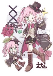 Rule 34 | + +, 1girl, ;d, absurdres, artist name, black hat, black shorts, blush stickers, boots, bow, bowtie, brown boots, brown coat, coat, commentary, diamond (gemstone), ena 1510, flower, frilled sleeves, frills, full body, gem, green eyes, grey background, grey vest, hat, highres, holding, holding gem, indie virtual youtuber, knee boots, lace-up boots, long hair, long sleeves, looking at viewer, monocle, multiple views, one eye closed, open clothes, open coat, open mouth, pink hair, red bow, red bowtie, red flower, red ribbon, red rose, ribbon, rose, sample watermark, shorts, side ponytail, smile, sorano riku, standing, striped ribbon, thank you, thigh strap, top hat, twitter username, vest, virtual youtuber, watermark