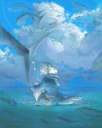 1girl fish_tail gawr_gura hololive hololive_english hood hood_down hoodie hugging_own_legs kanji_(nievart) ocean shark_tail sitting tail virtual_youtuber