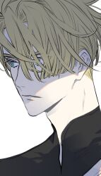 Rule 34 | 1boy, adam&#039;s apple, black shirt, blonde hair, blue eyes, closed mouth, colored eyelashes, curtained hair, dimitri alexandre blaiddyd, fire emblem, fire emblem: three houses, highres, looking to the side, male focus, nintendo, shirt, short hair, sideways glance, simple background, solo, tsukimura noe, upper body, white background