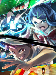 1boy 1girl blue_eyes bow bowtie brown_jacket collared_shirt commentary_request cowlick crocalor floragato hair_ornament hairclip hat highres holding holding_tera_orb itsudzumi jacket liko_(pokemon) nintendo open_mouth pokemon pokemon_(anime) pokemon_(creature) pokemon_battle pokemon_horizons red_bow red_bowtie roy_(pokemon) school_uniform shirt tera_orb tongue white_shirt