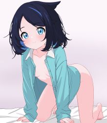 1girl absurdres all_fours alpaca_no_otouto blue_eyes blue_hair blush breasts female_focus highres liko_(pokemon) loli looking_at_viewer naked_shirt nintendo open_clothes open_shirt pokemon pokemon_(anime) pokemon_horizons shirt small_breasts smile solo sweat