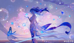 1girl absurdres blue_butterfly blue_hair blue_veil breasts bubble bug butterfly chinese_commentary commentary_request cowboy_shot dress from_side half-closed_eye hand_up highres insect long_hair looking_at_animal medium_breasts parted_lips shorekeeper_(wuthering_waves) sleeveless sleeveless_dress solo standing veil watermark weibo_watermark white_dress wuthering_waves yangming_li_wan_dianfen_chang
