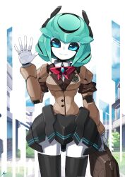 Rule 34 | 1girl, black skirt, black thighhighs, blue eyes, breasts, green hair, highres, humanoid robot, looking at viewer, medium breasts, original, robot, robot girl, salute, school uniform, short hair, skirt, suzuta comiya, thighhighs, white hair