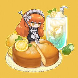 1girl apron black_dress bow brown_hairband cake commentary cup cutting dress drink drinking_straw expressionless fish flaw_eight food freckles fruit gloves hairband holding holding_knife ice_cream ice_cream_float ishmael_(project_moon) knife lemon lemon_slice limbus_company lime_(fruit) long_hair maid maid_apron maid_headdress mint orange_hair project_moon rope solo symbol-only_commentary white_bow white_gloves wuthering_heights_(identity)_(project_moon) yellow_background yellow_eyes