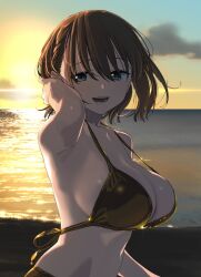 1girl ai-chan_(tawawa) arm_up bare_shoulders beach bikini blue_eyes braid breasts brown_hair cloud commentary_request getsuyoubi_no_tawawa gold_bikini hair_behind_ear himura_kiseki large_breasts looking_at_viewer looking_to_the_side ocean open_mouth outdoors short_hair side_braid sideboob sky smile solo stomach strap_gap sunset swimsuit tucking_hair upper_body water