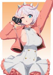 1girl arm_up blue_eyes border breasts cowboy_shot cropped_jacket dress elphelt_valentine gradient_background grey_hair guilty_gear guilty_gear_strive hairband highres holding holding_microphone jacket kaebicrab large_breasts microphone one_eye_closed open_clothes open_jacket pink_hairband pink_jacket short_hair sideboob simple_background solo spiked_hairband spikes white_border white_dress