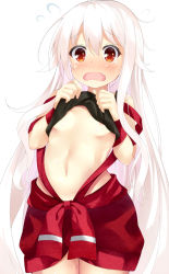 10s 1girl ahoge black_shirt blush breasts breasts_apart chiya_(urara_meirochou) clothes_lift cowboy_shot fang female_focus flying_sweatdrops hair_between_eyes long_hair maccha navel nose_blush open_mouth orange_eyes shirt shirt_lift simple_background sleeveless sleeveless_shirt small_breasts solo tears thigh_gap urara_meirochou very_long_hair wavy_mouth white_background white_hair