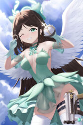 1girl airi_(blue_archive) alternate_costume alternate_hairstyle blue_archive blush bow breasts brown_hair choker cleavage dress feathered_wings green_bow green_choker green_dress green_eyes gun gyeonyu_art hair_bow handgun highres holster holy_hand_grenade looking_at_viewer monty_python monty_python_and_the_holy_grail one_eye_closed parted_bangs smile solo strapless strapless_dress thigh_holster thighhighs weapon white_thighhighs wings