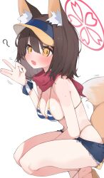 1girl ? animal_ears bikini blue_archive breasts brown_hair commentary_request fellatio_gesture fox_ears fox_girl fox_tail halo highres izuna_(blue_archive) izuna_(swimsuit)_(blue_archive) medium_breasts mikozin official_alternate_costume red_halo solo squatting striped_bikini striped_clothes swimsuit tail visor_cap white_background yellow_eyes