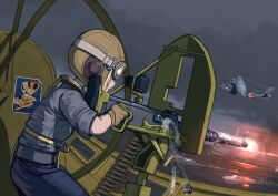 1girl airplane_interior ammunition_belt battle blue_pants blue_shirt browning_m2 call_of_duty call_of_duty:_world_at_war casing_ejection commission erica_(naze1940) fire firing goggles gun heavy_machine_gun helmet highres holding holding_gun holding_weapon imperial_japanese_navy japanese_flag life_vest looking_afar machine_gun manually-operated_mounted_gun military military_uniform military_vehicle muzzle_flash naval_uniform naval_working_uniform night night_sky ocean pants pby_catalina pilot_helmet second-party_source shell_casing ship shirt sky smoke torpedo_boat united_states_navy vehicle_interior warship watercraft weapon world_war_ii