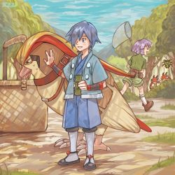 2boys belt bird blue_eyes blue_hair blue_jacket blue_kimono brown_belt brown_footwear bugsy_(pokemon) bush butterfly_net cloud commentary_request day falkner_(pokemon) gen_1_pokemon gen_2_pokemon grass green_shirt green_shorts hair_over_one_eye hand_net haori holding jacket japanese_clothes kimono kneehighs ledyba male_focus multiple_boys nintendo open_clothes open_jacket open_mouth outdoors oyasuminjyutsu parted_lips petting pidgeot pokemon pokemon_(creature) pokemon_hgss purple_hair shirt shoes short_hair short_sleeves shorts sky smile socks spinarak standing tree wristband
