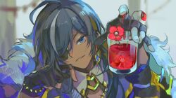 Rule 34 | 1boy, anemone (flower), black gloves, bleeding, blood, blue eyes, blue hair, blurry, blurry background, bracelet, cape, collared shirt, cup, cuts, dark-skinned male, dark skin, diluc (genshin impact), drinking glass, earrings, eveshut, eyepatch, fingerless gloves, fingernails, flower, flower in drink, fur-trimmed cape, fur trim, genshin impact, gloves, grey hair, hair over shoulder, hand up, head on hand, head rest, highres, holding, holding cup, injury, jewelry, kaeya (genshin impact), long hair, low ponytail, male focus, multicolored hair, one eye covered, parted lips, ponytail, portrait, red flower, reflection, shirt, smile, solo, spiked bracelet, spikes, streaked hair, swept bangs, white shirt, wilted flower