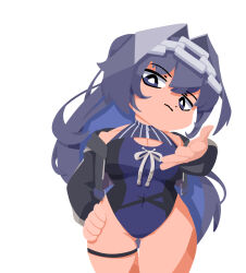 Rule 34 | 1girl, black hair, blue eyes, blue hair, blue one-piece swimsuit, breasts, chain, chain headband, cleavage, cleavage cutout, clothing cutout, colored inner hair, highleg, highleg one-piece swimsuit, highres, hololive, hololive english, meme, multicolored hair, one-piece swimsuit, ouro kronii, ouro kronii (holonatsu paradise), simple background, solo, swimsuit, thigh strap, virtual youtuber, viscosity 2001, white background, woe plague be upon ye (meme)