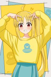 Rule 34 | !, !!, 1girl, absurdres, ahoge, animal print, aqua skirt, arms up, bird print, blonde hair, blush, bocchi the rock!, breathelife, casual, commentary request, cowboy shot, dot nose, double v, duck print, grin, highres, ijichi nijika, long hair, long sidelocks, long sleeves, looking at viewer, parted bangs, print sweater, red eyes, shirt tucked in, side ponytail, sidelocks, skirt, smile, solo, standing, straight-on, sweater, v, v over head, very long hair, yellow background, yellow sweater, zipper