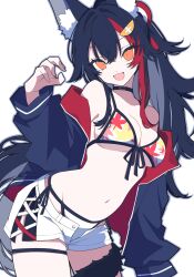 1girl :d animal_ear_fluff animal_ears bikini black_choker black_hair breasts choker cleavage cowboy_shot double-parted_bangs hair_between_eyes highres hololive jacket looking_at_viewer medium_breasts minkof_nn multicolored_hair navel ookami_mio open_fly open_mouth orange_eyes shorts small_pupils smile solo streaked_hair swimsuit thigh_strap white_background white_shorts