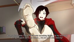 1girl barefoot black_hair cape corset english_text feet_up foot_focus indoors kiryu_(pixiv44966832) legs_up multicolored_hair red_cape ruby_rose rwby shoes sitting skirt soles solo steaming_body toes unworn_shoes