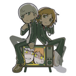 2boys absurdres anger_vein black_pants brown_footwear brown_hair closed_mouth collared_shirt crt grey_eyes grey_hair hanamura_yousuke hand_in_pocket headphones highres jacket long_sleeves male_focus multiple_boys narukami_yu open_clothes open_jacket pants parted_lips persona persona_4 sach56000 school_uniform shadow_yousuke shadow_yu shirt shoes simple_background sitting sneakers television white_background white_footwear white_shirt yellow_eyes