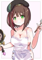 1girl apron beret breasts brown_hair collarbone frying_pan green_eyes hat highres holding holding_frying_pan holding_spatula medium_breasts naked_apron princess_connect! simple_background smile solo spatula syalm wakana_(princess_connect!)