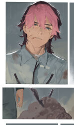 1boy absurdres blue_eyes blue_shirt brown_hair collared_shirt commentary_request dirt dirty dirty_clothes grave guel_jeturk gundam gundam_suisei_no_majo highres jia_ma long_hair male_focus multicolored_hair outdoors parted_lips pink_hair rain scar scar_on_face shirt solo