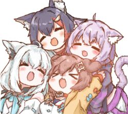 Rule 34 | &gt; &lt;, 4girls, ahoge, animal ear fluff, animal ears, black hair, black jacket, blush, bone hair ornament, brown hair, cat ears, cat girl, cat tail, closed eyes, dog ears, dog girl, fox ears, fox girl, hair ornament, hololive, hololive gamers, inugami korone, inugami korone (1st costume), jacket, long sleeves, mameda10u, multiple girls, nekomata okayu, nekomata okayu (1st costume), ookami mio, ookami mio (1st costume), open mouth, purple hair, shirakami fubuki, shirakami fubuki (1st costume), short hair, sidelocks, simple background, tail, white background, white hair, wolf ears, wolf girl, yellow jacket