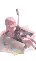 1girl absurdres blue_eyes blush bocchi_the_rock! box closed_mouth cube_hair_ornament electric_guitar expressionless feet_out_of_frame gibson_les_paul gotoh_hitori grey_skirt guitar hair_ornament highres holding holding_instrument instrument jacket long_hair midori_fufu on_box pants pink_hair pink_jacket pink_pants pleated_skirt simple_background sitting sitting_on_box skirt solo track_jacket white_background
