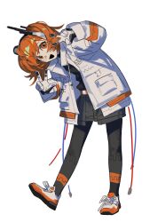 1girl a.i._voice absurdres adachi_rei black_sweater curantohashdash gloves grey_skirt hair_between_eyes headlamp highres jacket leaning_to_the_side long_sleeves looking_at_viewer open_clothes open_jacket open_mouth orange_eyes orange_hair pantyhose shoes simple_background skirt sneakers solo standing sweater utau v w white_background white_jacket white_shoes