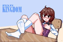 1girl absurdres blush brown_eyes brown_hair cellphone chair feet feet_on_table glasses highres kingdom_(user_ysav4824) long_hair looking_at_viewer open_mouth phone pixel_art smartphone socks soles toes touhou usami_sumireko white_socks