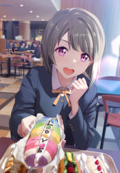 6+girls bread chair commentary food grey_hair highres looking_at_viewer love_live! love_live!_nijigasaki_high_school_idol_club multiple_girls nakasu_kasumi nijigasaki_school_uniform pink_eyes school_uniform shamakho short_hair sidelocks signature smile solo_focus table tray upper_body