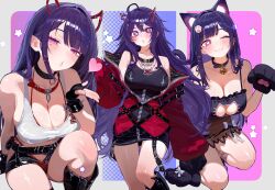 1girl :3 akuma_nihmune akuma_nihmune_(casual) akuma_nihmune_(demon_past) animal_ears animal_hands bell belted_jacket black_gloves bra breasts cat_cutout cat_ears cat_lingerie chemise cleavage_cutout clothing_cutout collar demon_horns extra_ears facial_mark fingerless_gloves frilled_bra frills gloves hair_ornament heart heart-shaped_pupils heart_facial_mark highres horns indie_virtual_youtuber jacket jingle_bell large_breasts long_hair looking_at_viewer meme_attire mole mole_under_eye ms._tsu multiple_views neck_bell one_eye_closed partially_unzipped paw_gloves pink_eyes pubic_tattoo purple_hair quilted_jacket red_bra red_collar red_jacket second-party_source see-through_chemise see-through_clothes sleeve_belt star-shaped_pupils star_(symbol) star_hair_ornament symbol-shaped_pupils tattoo two-sided_fabric two-sided_jacket underwear virtual_youtuber