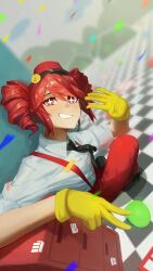 1girl absurdres alternate_costume arm_rest black_necktie black_shoes blush collared_shirt confetti drawer drill_hair gloves grin hair_between_eyes hand_up hat highres kasane_teto kepi looking_at_viewer mesmerizer_(vocaloid) military_hat necktie pants red_eyes red_hat red_pants shirt shoes short_sleeves sleeves_rolled_up smile smiley_hat_ornament solo squatting star-shaped_pupils star_(symbol) sweat symbol-shaped_pupils tekukooo tile_floor tiles twin_drills utau v wing_collar yellow_gloves