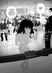 5girls 6+boys :d bag barefoot blush board_eraser breasts chair chalk classroom clothed_female_nude_female clothed_male_nude_female comic commentary completely_nude desk embarrassed english_commentary english_text frown gakuran glasses greyscale highres holding holding_chalk humiliation kusujinn long_hair md5_mismatch medium_breasts monochrome multiple_boys multiple_girls naked_school_attendance navel neck_ribbon nude open_mouth original paid_reward_available public_indecency public_nudity ribbon school_bag school_chair school_desk school_uniform sitting smile sweat toes trembling x-ray