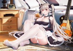 Rule 34 | 1girl, abbey road, absurdres, artist name, azur lane, bare shoulders, bed, bedroom, between breasts, black bow, black dress, black nails, black ribbon, blurry, blush, bow, breasts, bubble tea, chest of drawers, cleavage, clothing cutout, collarbone, commentary request, covered erect nipples, cup, depth of field, detached collar, disposable cup, dress, drink, earrings, electric guitar, feet, female focus, formidable (azur lane), frilled dress, frills, full body, garter straps, gibson les paul, gothic lolita, grey hair, guitar, hair bow, hair ribbon, hand on own thigh, highres, holding, holding drink, indoors, instrument, jewelry, large breasts, lolita fashion, long hair, long sleeves, looking at viewer, nail polish, open mouth, ornate ring, panties, pantyshot, photo (object), pillow, plectrum, red eyes, ribbon, ring, shadow, shoulder cutout, sitting, soles, solo, spread toes, stardust (chen&#039;ai weiding), the beatles, thighhighs, toes, twintails, two-tone dress, two-tone ribbon, underwear, very long hair, white panties, white ribbon, white thighhighs, wooden floor