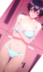 black_hair blue_bra blue_panties blush bra cleft_of_venus kokonoe_aki_(modaete_yo_adam-kun) lowleg lowleg_panties modaete_yo_adam-kun nervous panties short_hair shy underwear undressing