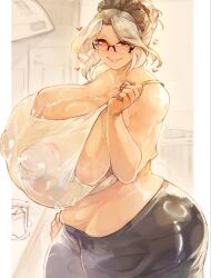 1girl black_pants breasts cleavage crop_top from_side gigantic_breasts glasses hair_bun heart labiata_(last_origin) large_nipples larribee last_origin lips maid_headdress midriff nipples orange_eyes pants plump see-through_clothes see-through_shirt semi-rimless_eyewear shirt sideboob sleeveless smile solo standing tank_top under-rim_eyewear wet wet_clothes wet_shirt white_hair wtgn_grim