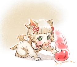Rule 34 | afterimage, aged down, baby, bib, blonde hair, bow (bhp), commentary request, dragon girl, dragon horns, dragon tail, dragon wings, hair ribbon, holding, horns, kneeling, myr (p&amp;d), outline, pacifier, puzzle &amp; dragons, red ribbon, ribbon, short hair, solo, tail, white outline, wings, yellow background