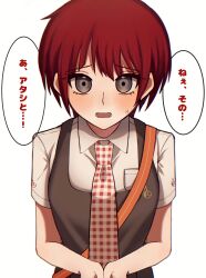 1girl blush breast_pocket brown_dress brown_eyes collared_shirt commentary danganronpa_(series) danganronpa_2:_goodbye_despair dress dress_shirt eyelashes freckles from_above gingham_necktie highres koizumi_mahiru kun_(oxx_kn_xxo) looking_at_viewer looking_up necktie nervous open_mouth own_hands_together pinafore_dress pocket raised_eyebrows red_hair red_necktie school_uniform shirt short_hair short_sleeves simple_background sleeveless sleeveless_dress solo speech_bubble strap sweatdrop translated two-tone_necktie upper_body white_background white_necktie white_shirt