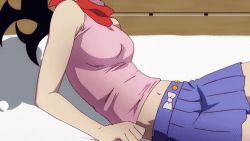 animated animated_gif araragi_karen bed black_hair covering_privates long_hair lowres monogatari_(series) navel panties ponytail skirt underwear upskirt